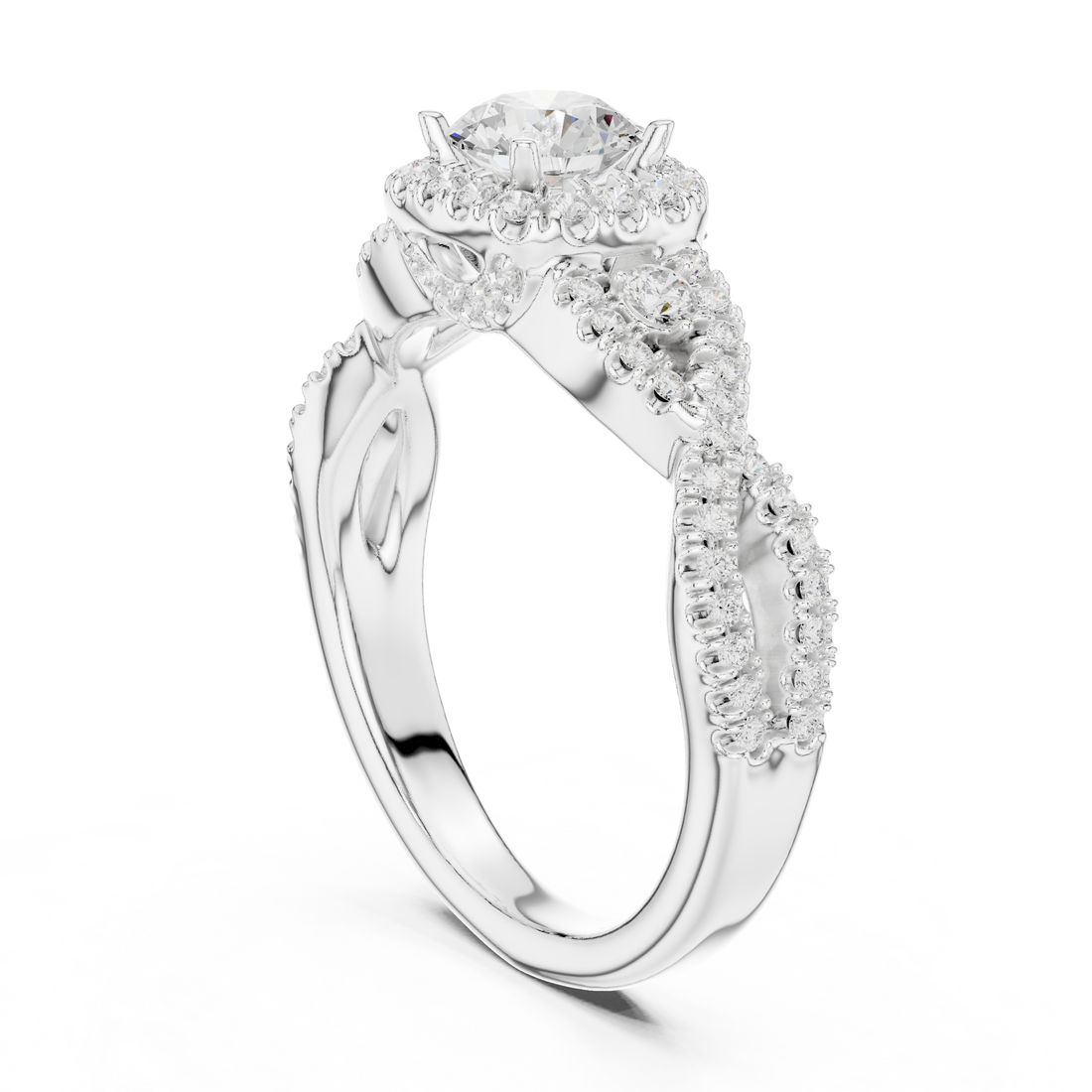 LR-0223 - Halo Three Stone Round Ring - White Gold