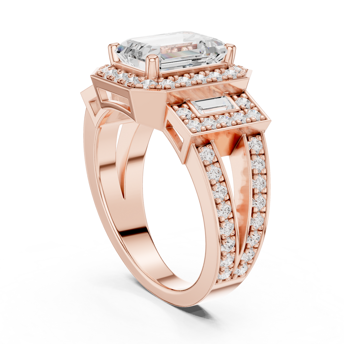 DDLR-266 - Halo Three Stone Emerald Ring - White Gold