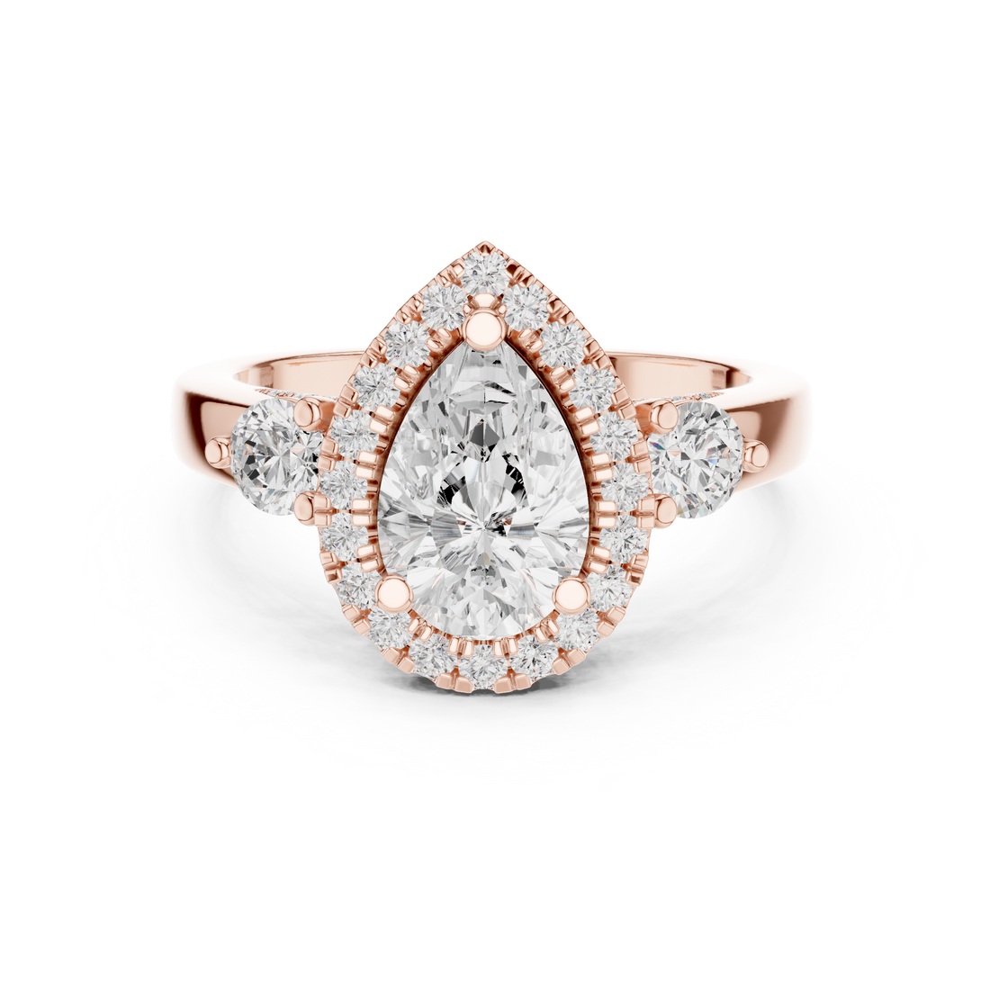 Halo Three Stone Ring - Pear | DDLR-280 - Rose Gold