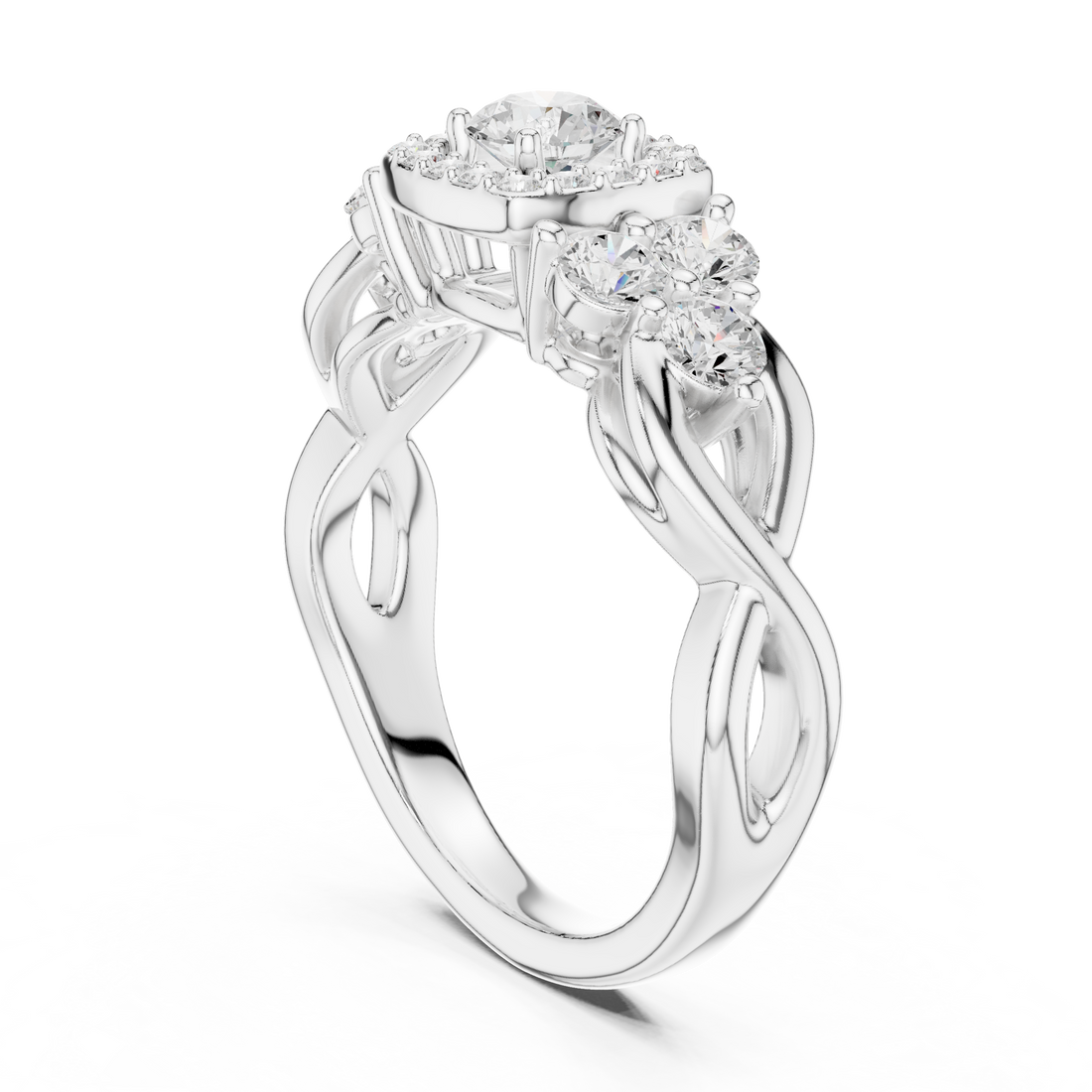 LR-0255 - Halo Three Stone Round Ring - White Gold