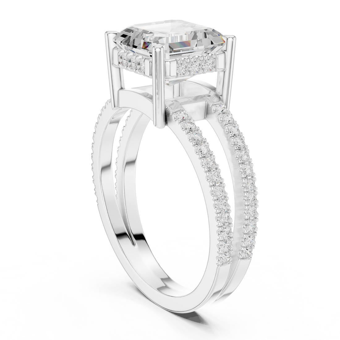 13 AC - Split Shank Asscher Ring - White Gold