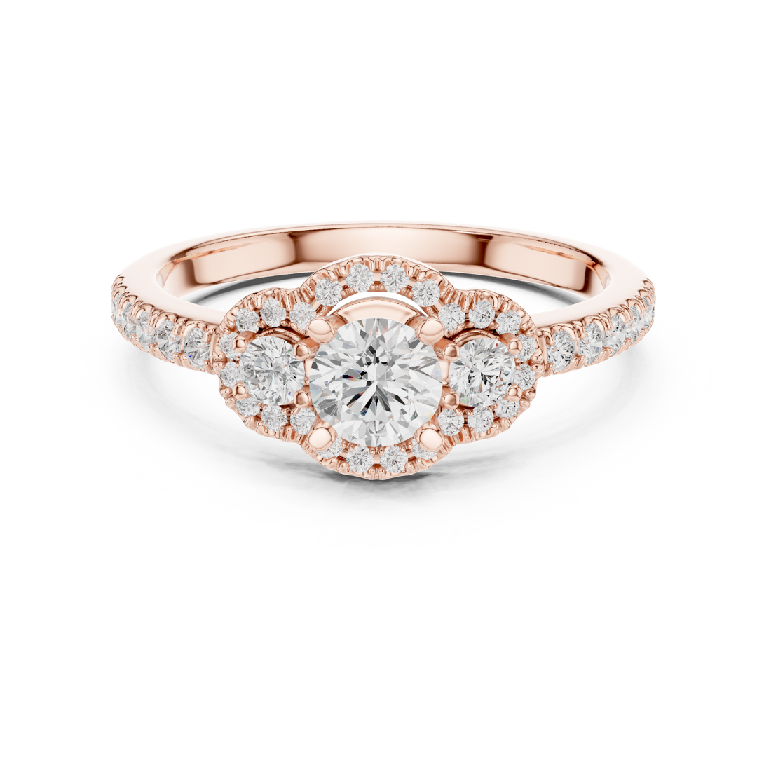 Halo Three Stone Ring - Round | LR-0289 - Rose Gold