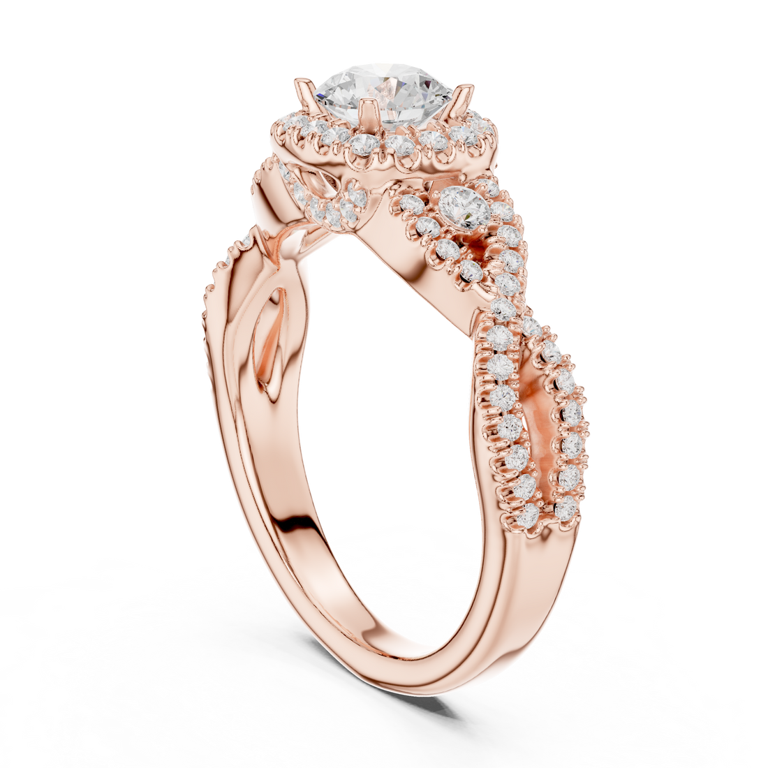 LR-0223 - Halo Three Stone Round Ring - White Gold