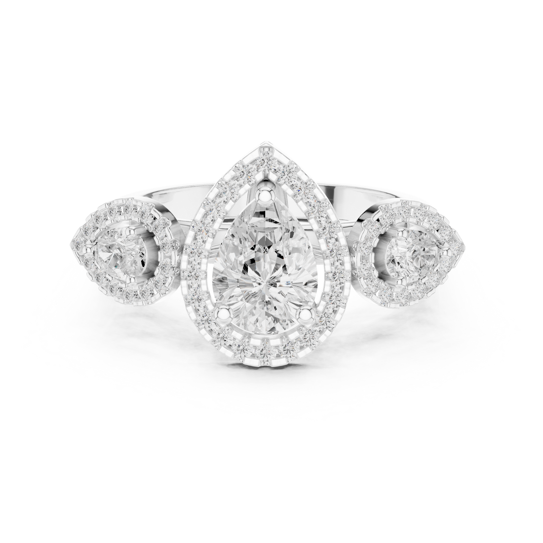Halo Three Stone Ring - Pear | DDLR-317 - Rose Gold