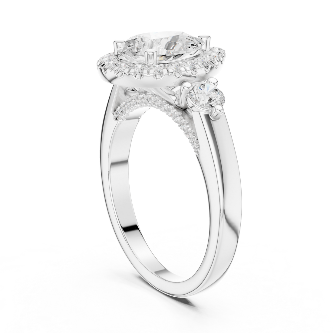 DDLR-280 - Halo Three Stone Pear Ring - White Gold