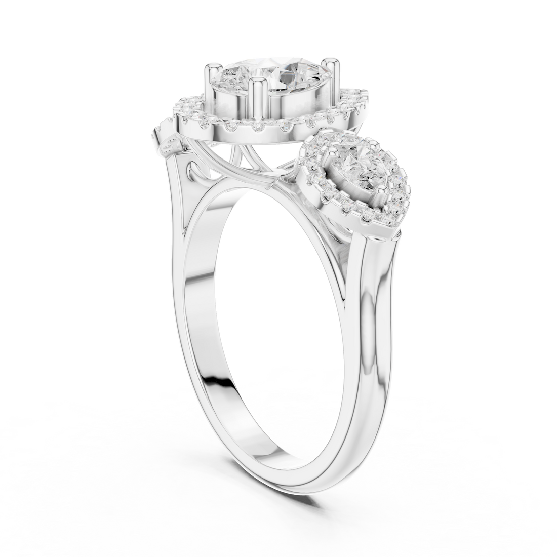 DDLR-317 - Halo Three Stone Pear Ring - White Gold