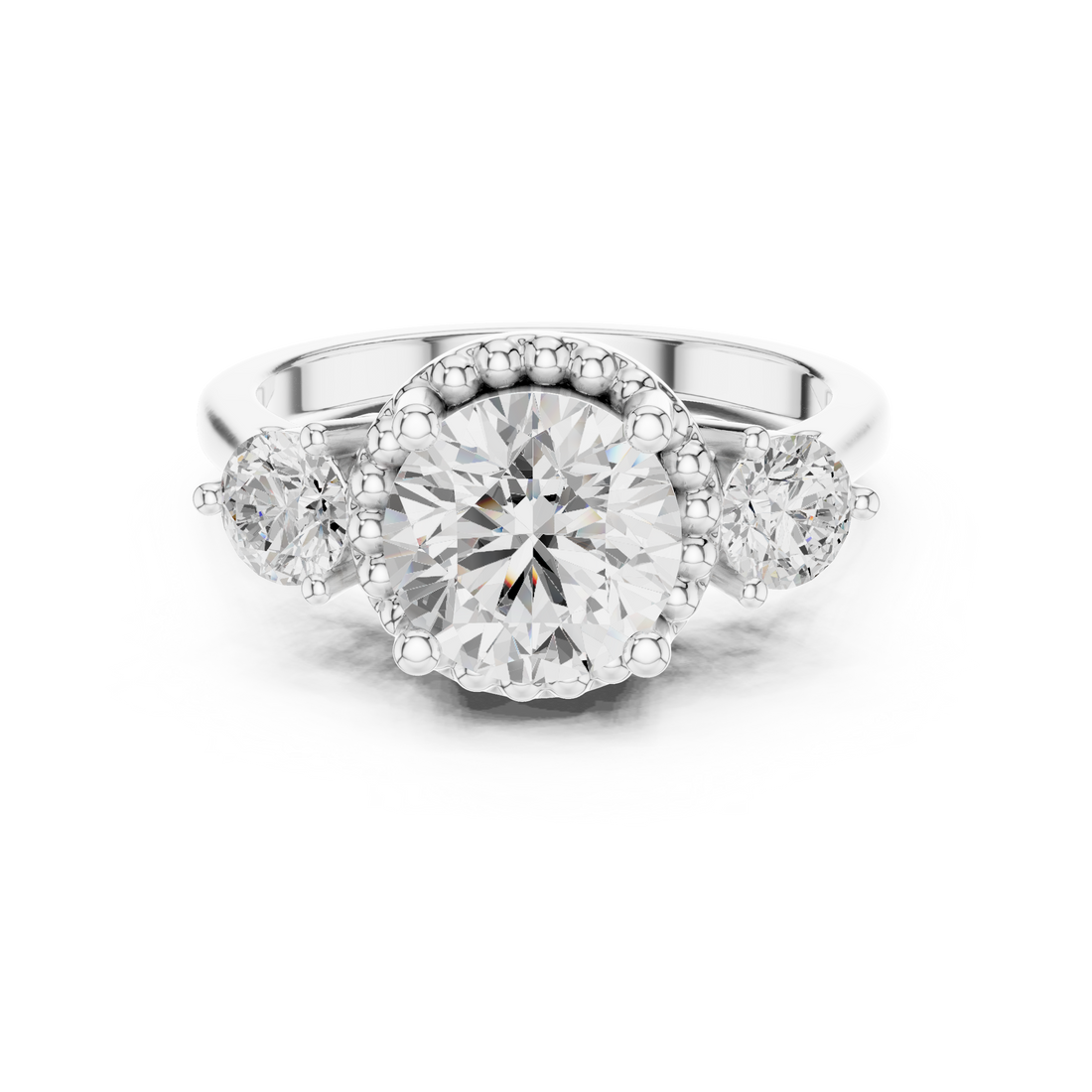 Halo Three Stone Ring - Round | DDLR-276 - Rose Gold