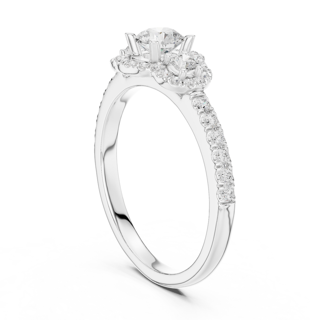 LR-0289 - Halo Three Stone Round Ring - White Gold
