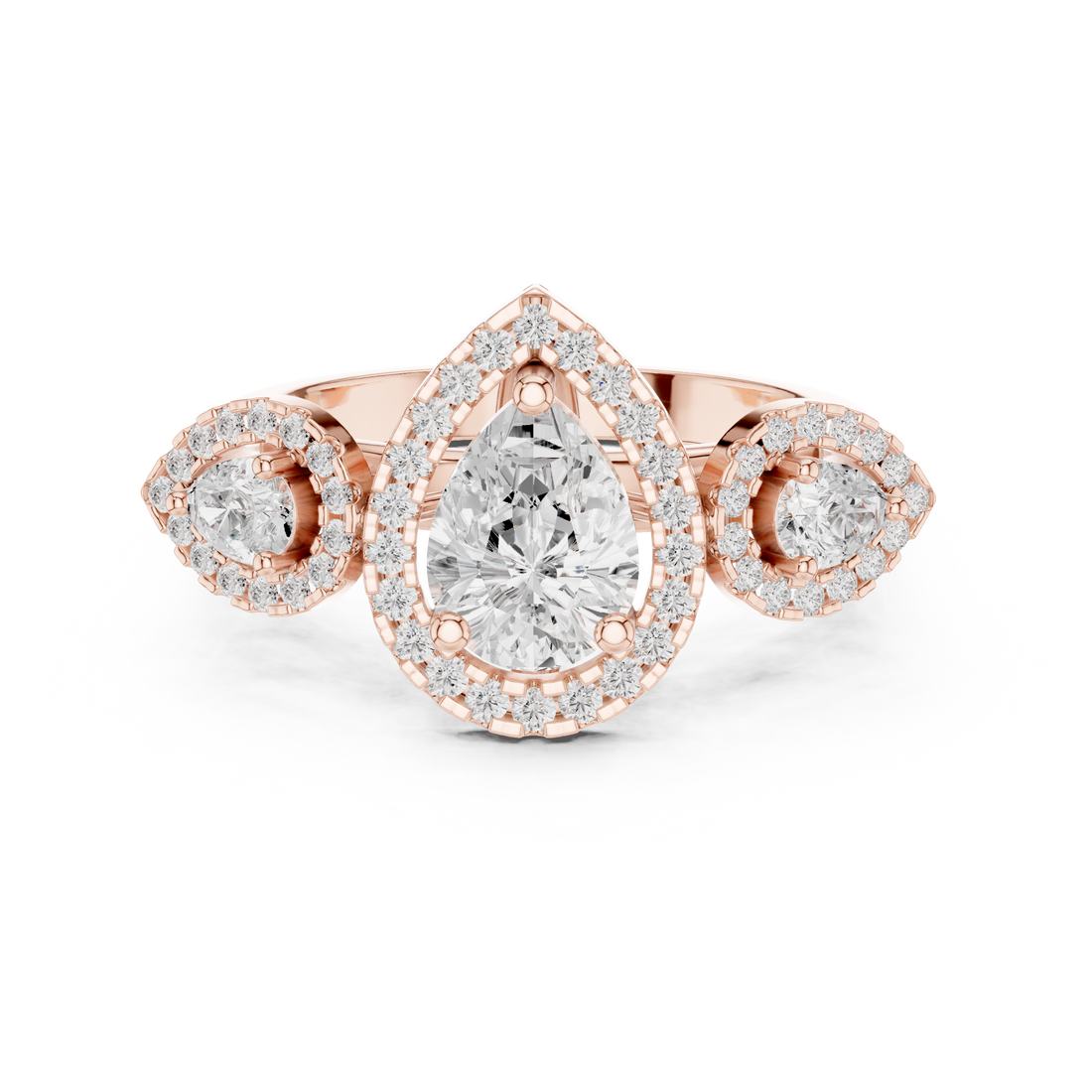 Halo Three Stone Ring - Pear | DDLR-317 - Rose Gold
