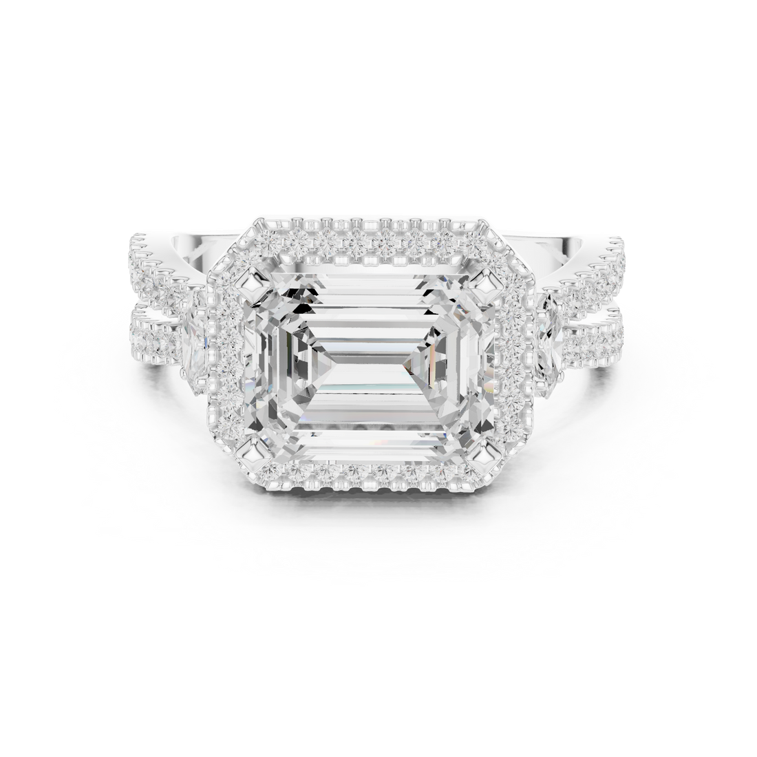 Halo Three Stone Ring - Emerald | DDLR-339 - Rose Gold