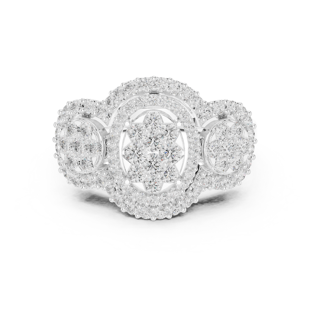Halo Three Stone Ring - Round | DDLR-453 - Rose Gold