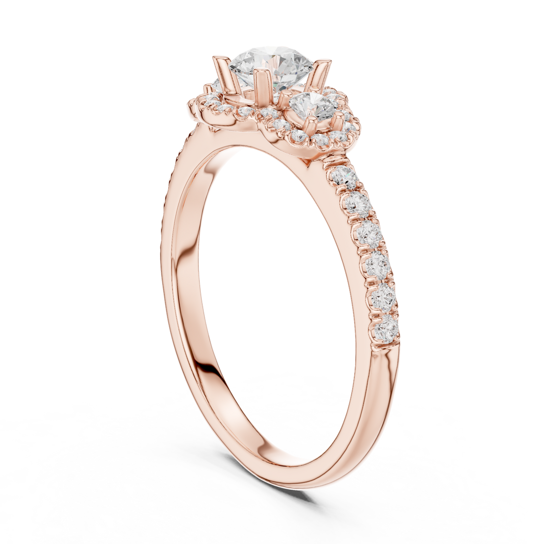 LR-0289 - Halo Three Stone Round Ring - White Gold
