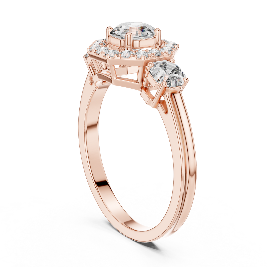 LR-0032 - Halo Three Stone Asscher Ring - White Gold