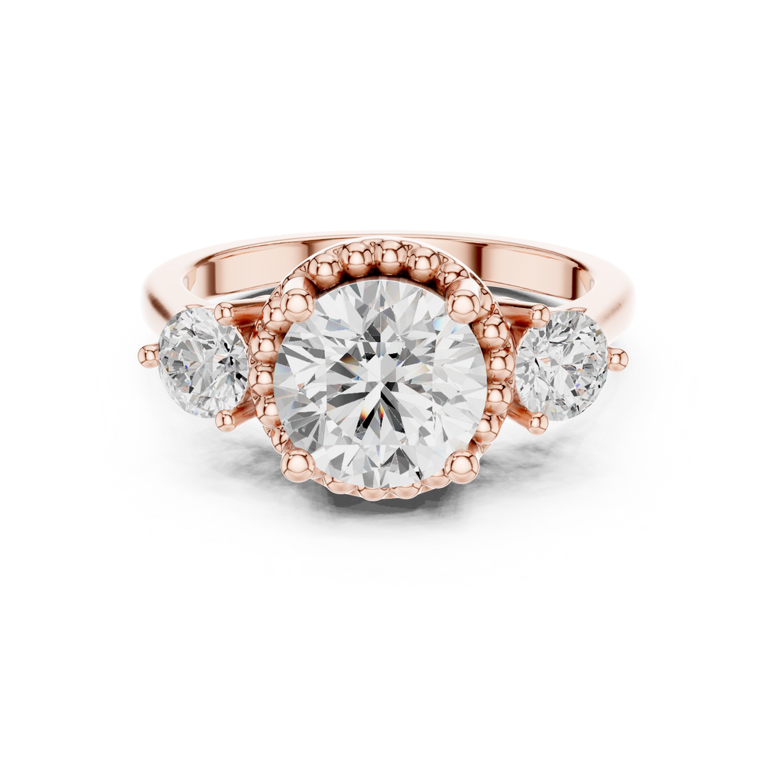 Halo Three Stone Ring - Round | DDLR-276 - Rose Gold