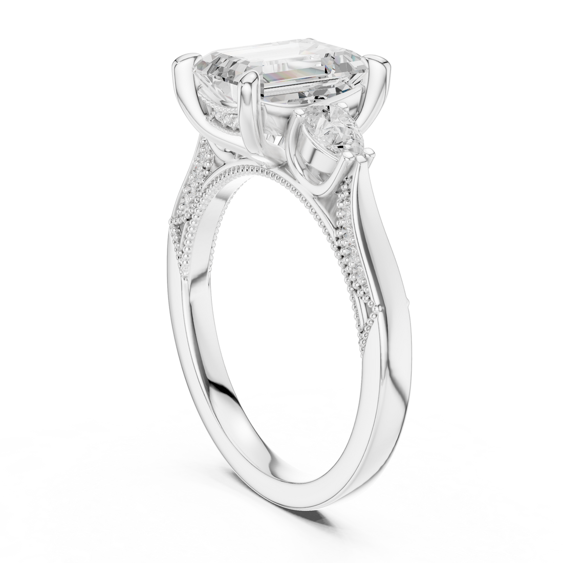 DDLR-1041 - Three Stone Emerald Ring - White Gold