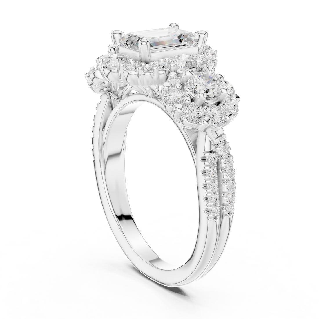DDLR-279 - Halo Three Stone Emerald Ring - White Gold