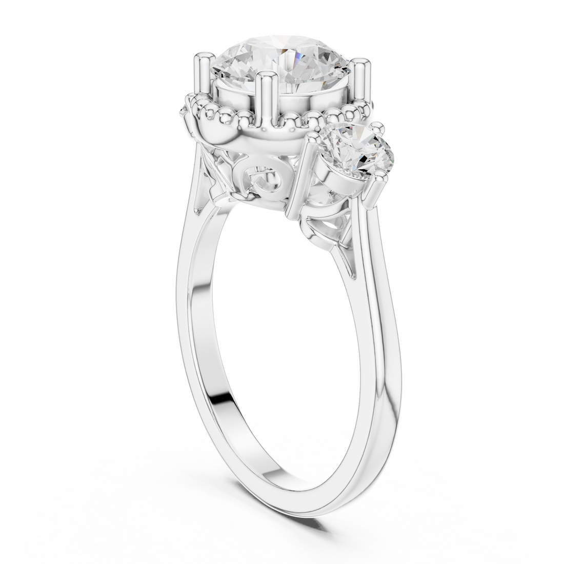 DDLR-276 - Halo Three Stone Round Ring - White Gold