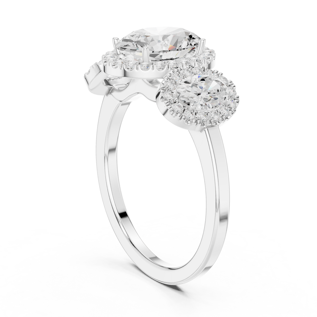 DDLR-1062 - Halo Three Stone Oval Ring - White Gold