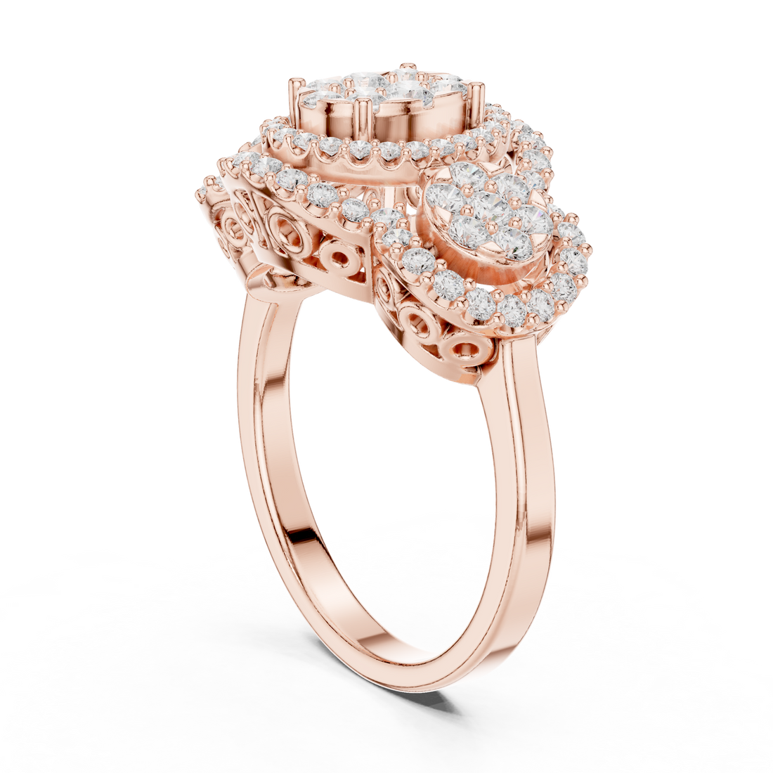DDLR-453 - Halo Three Stone Round Ring - White Gold