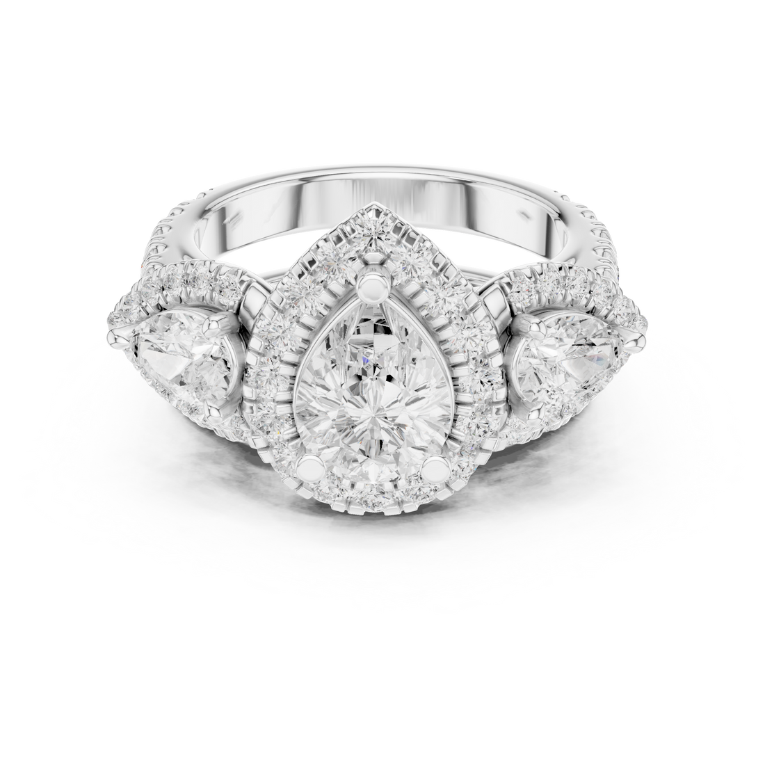 Halo Three Stone Ring - Pear | DDLR-298 - Rose Gold