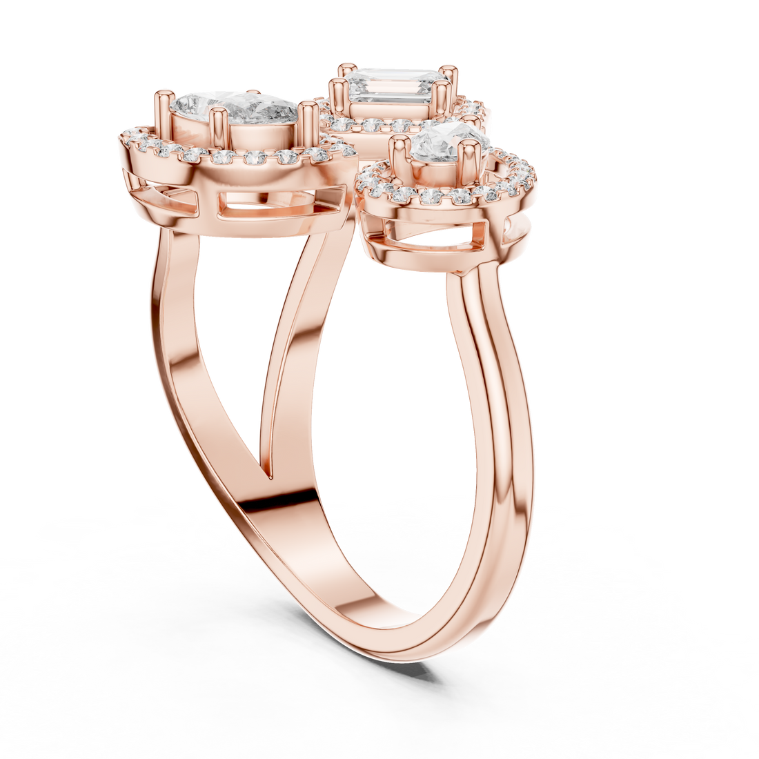 504 - Halo Three Stone Mixed Ring - White Gold