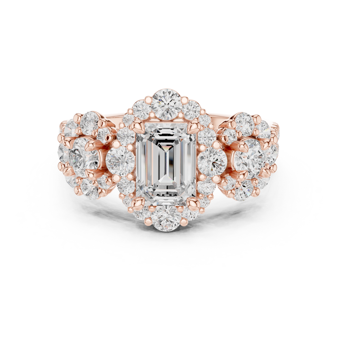 Halo Three Stone Ring - Emerald | DDLR-279 - Rose Gold