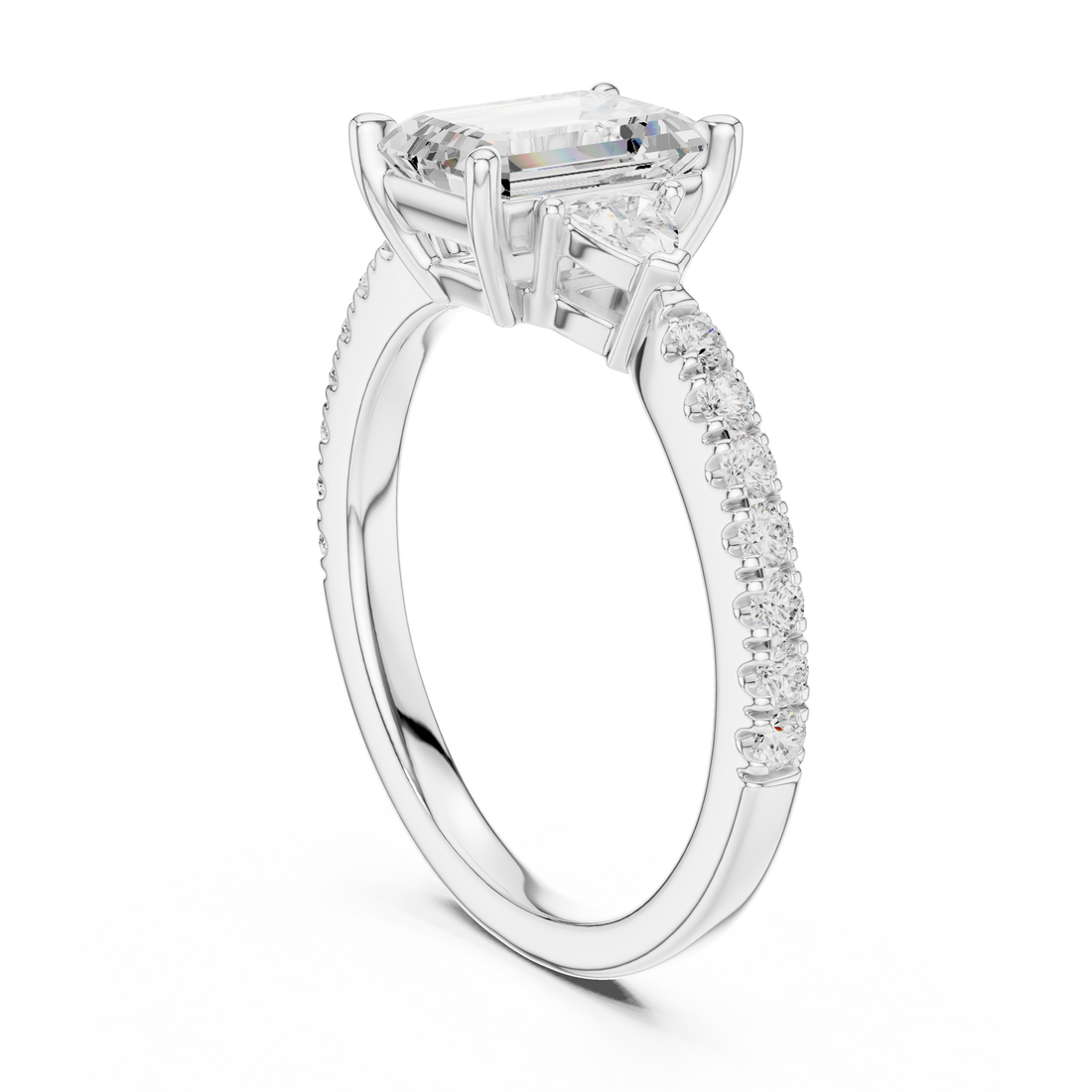 DDLR-037-EM - Three Stone Emerald Ring - White Gold