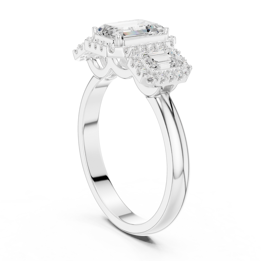 DDLR-1067 - Halo Three Stone Emerald Ring - White Gold
