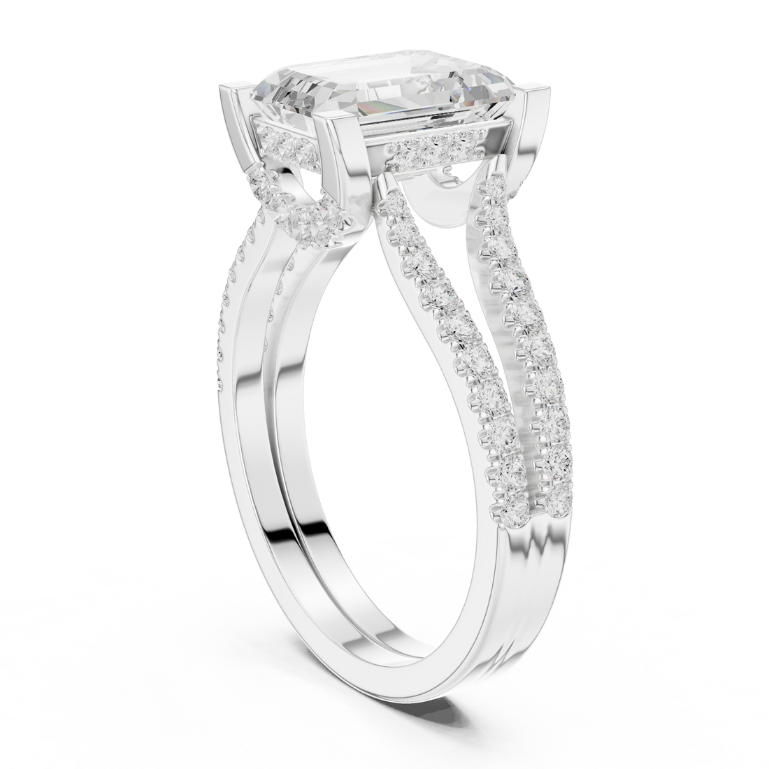 DDLR-182 EM - Split Shank Emerald Ring - White Gold