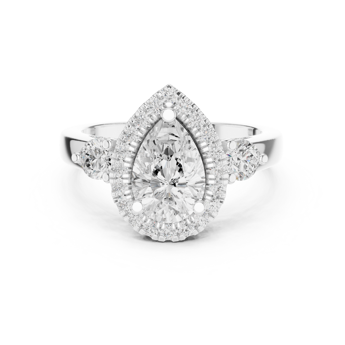 Halo Three Stone Ring - Pear | DDLR-280 - Rose Gold