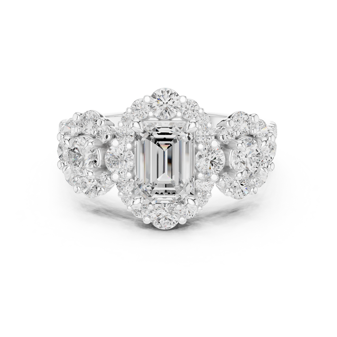 Halo Three Stone Ring - Emerald | DDLR-279 - Rose Gold