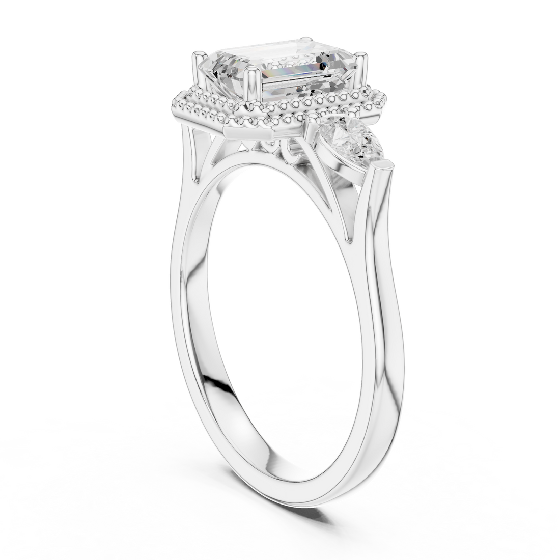 DDLR-274 - Halo Three Stone Emerald Ring - White Gold