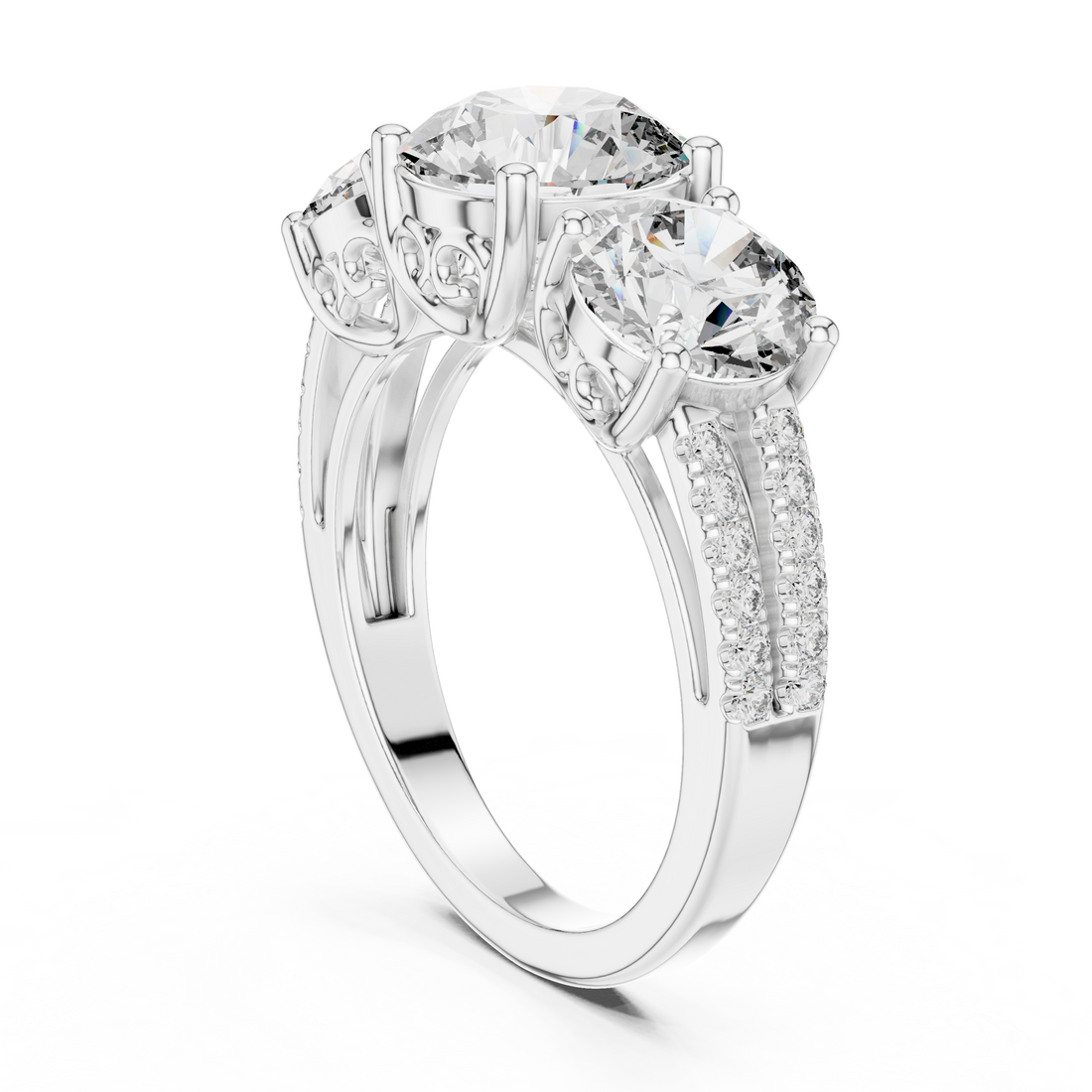 9#10052L - Three Stone Round Ring - White Gold