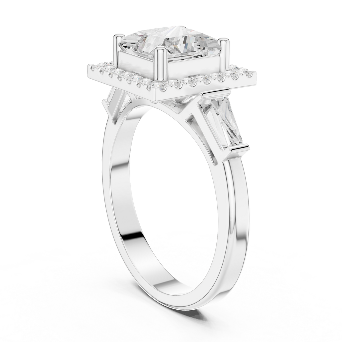 DDLR-342 PRI - Halo Three Stone Princess Ring - White Gold