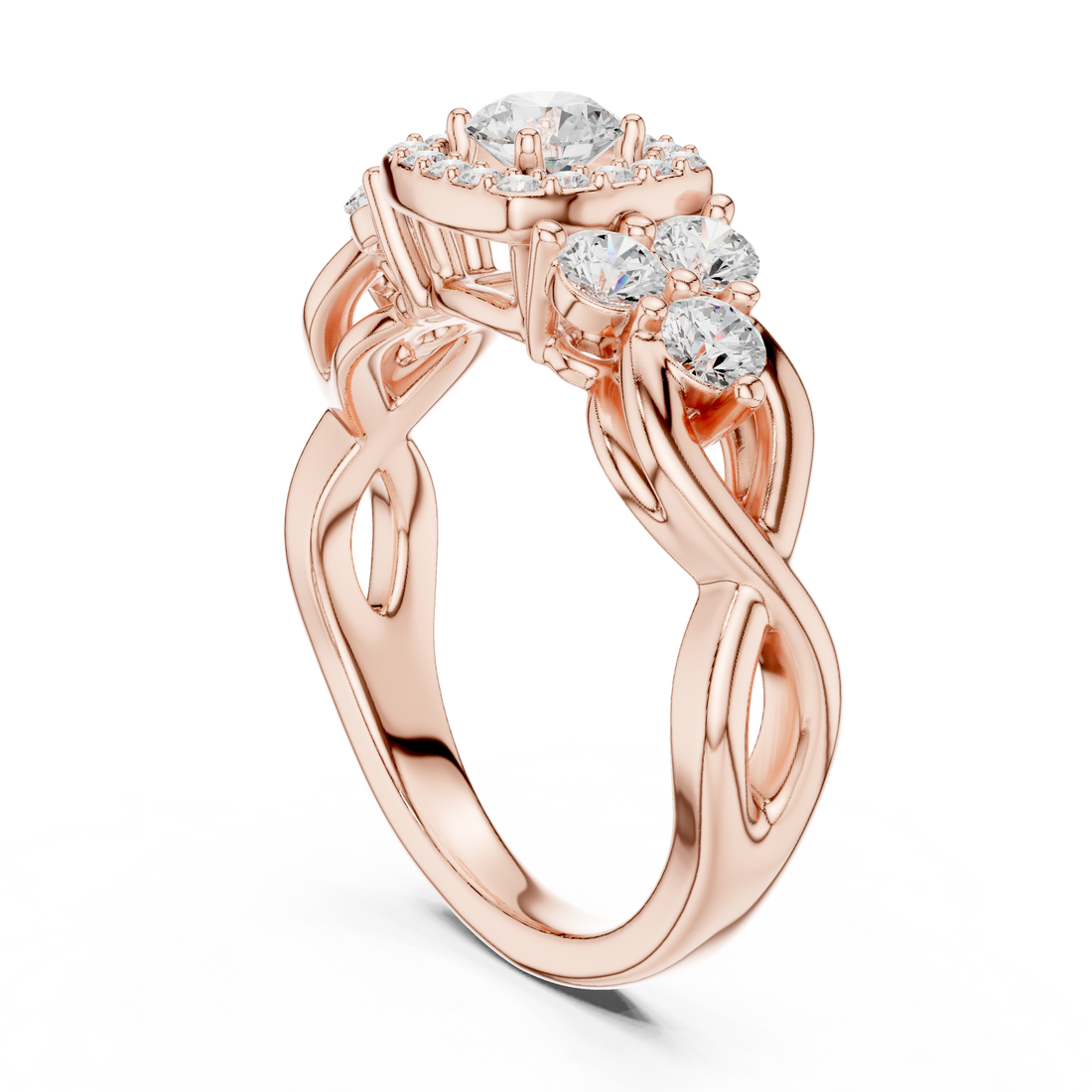 LR-0255 - Halo Three Stone Round Ring - White Gold