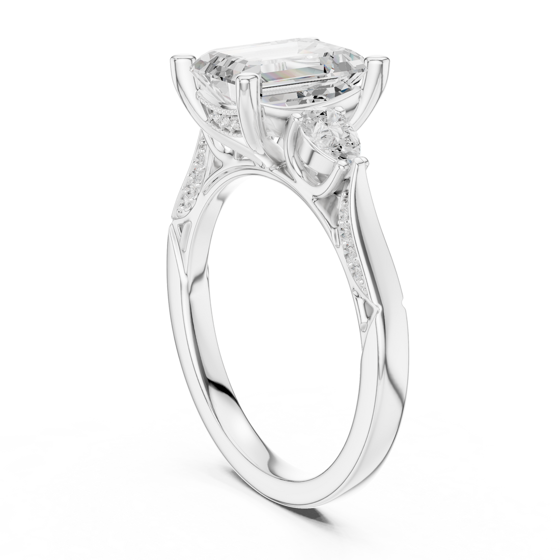 DDLR-284-EM - Three Stone Emerald Ring - White Gold