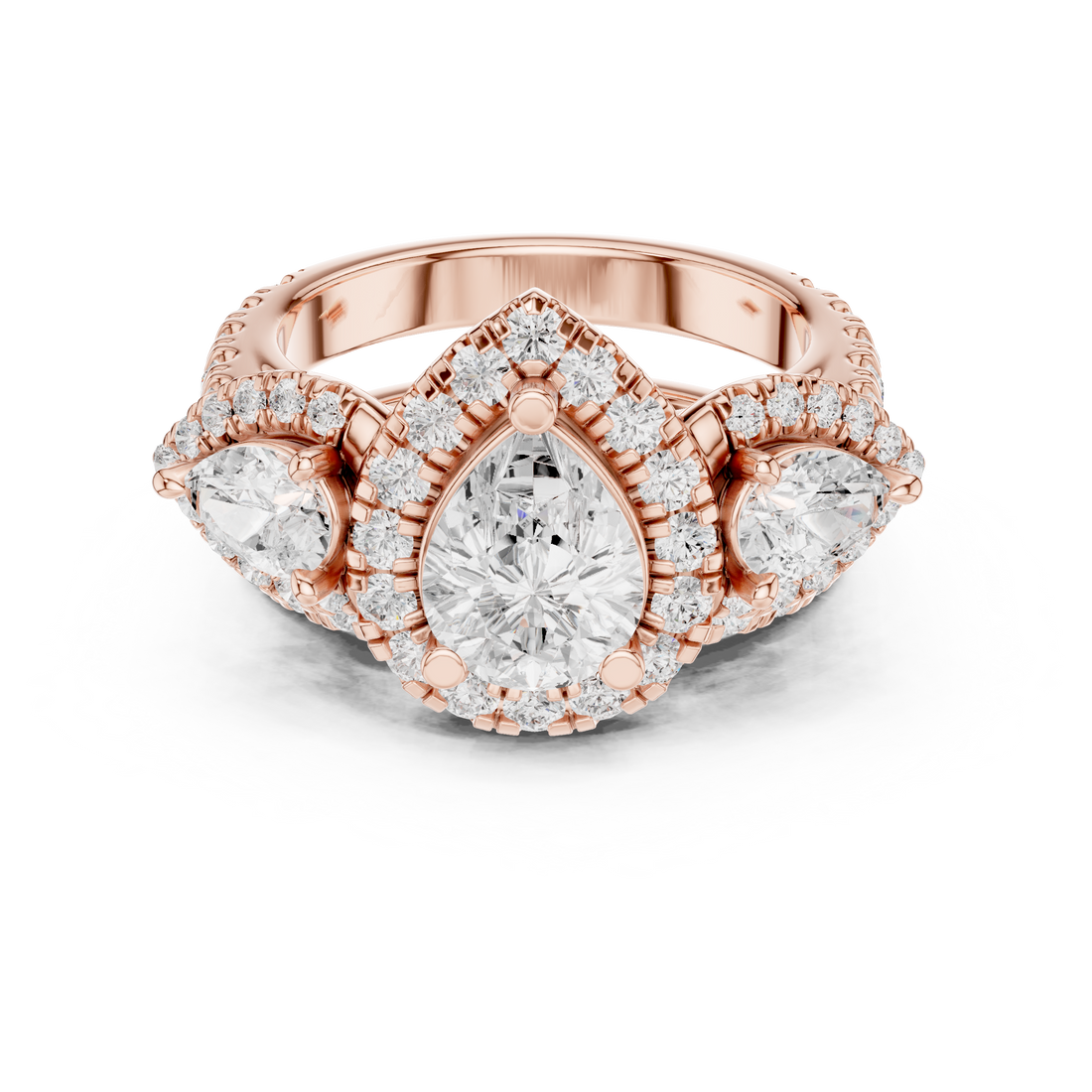 Halo Three Stone Ring - Pear | DDLR-298 - Rose Gold