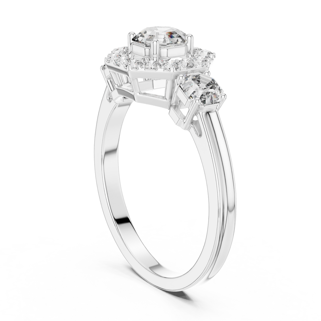 LR-0032 - Halo Three Stone Asscher Ring - White Gold