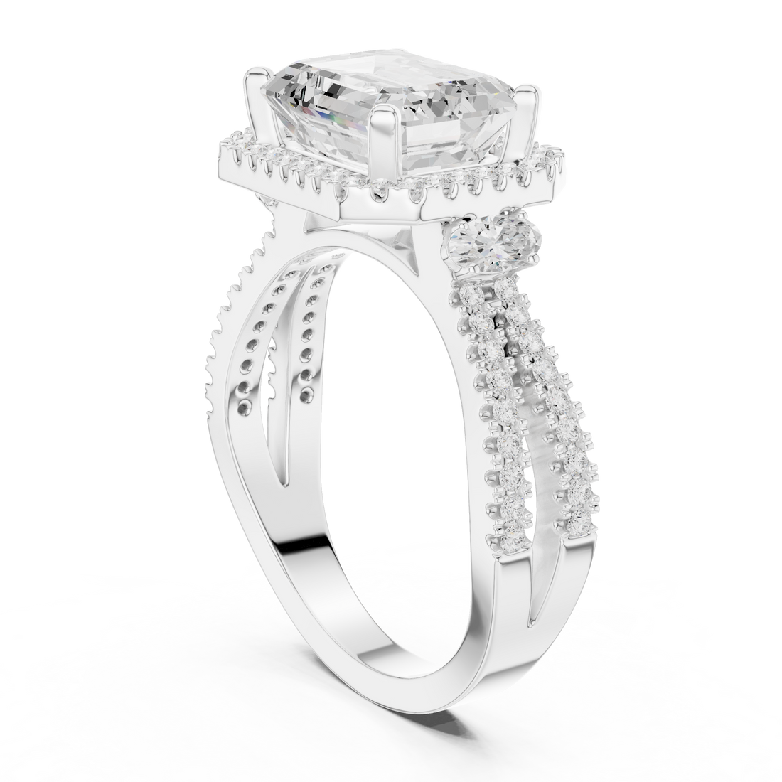DDLR-339 - Halo Three Stone Emerald Ring - White Gold