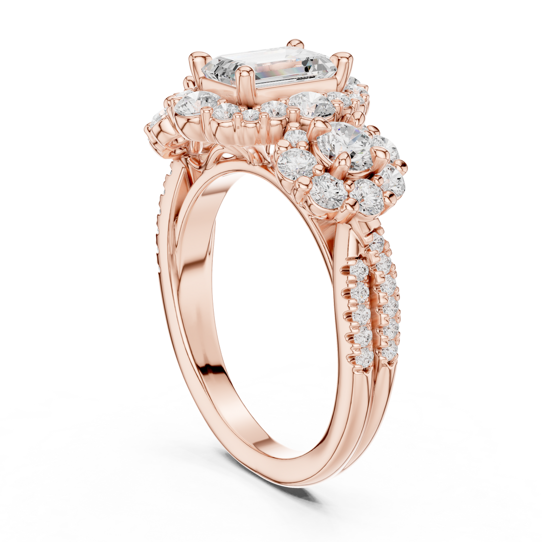 DDLR-279 - Halo Three Stone Emerald Ring - White Gold