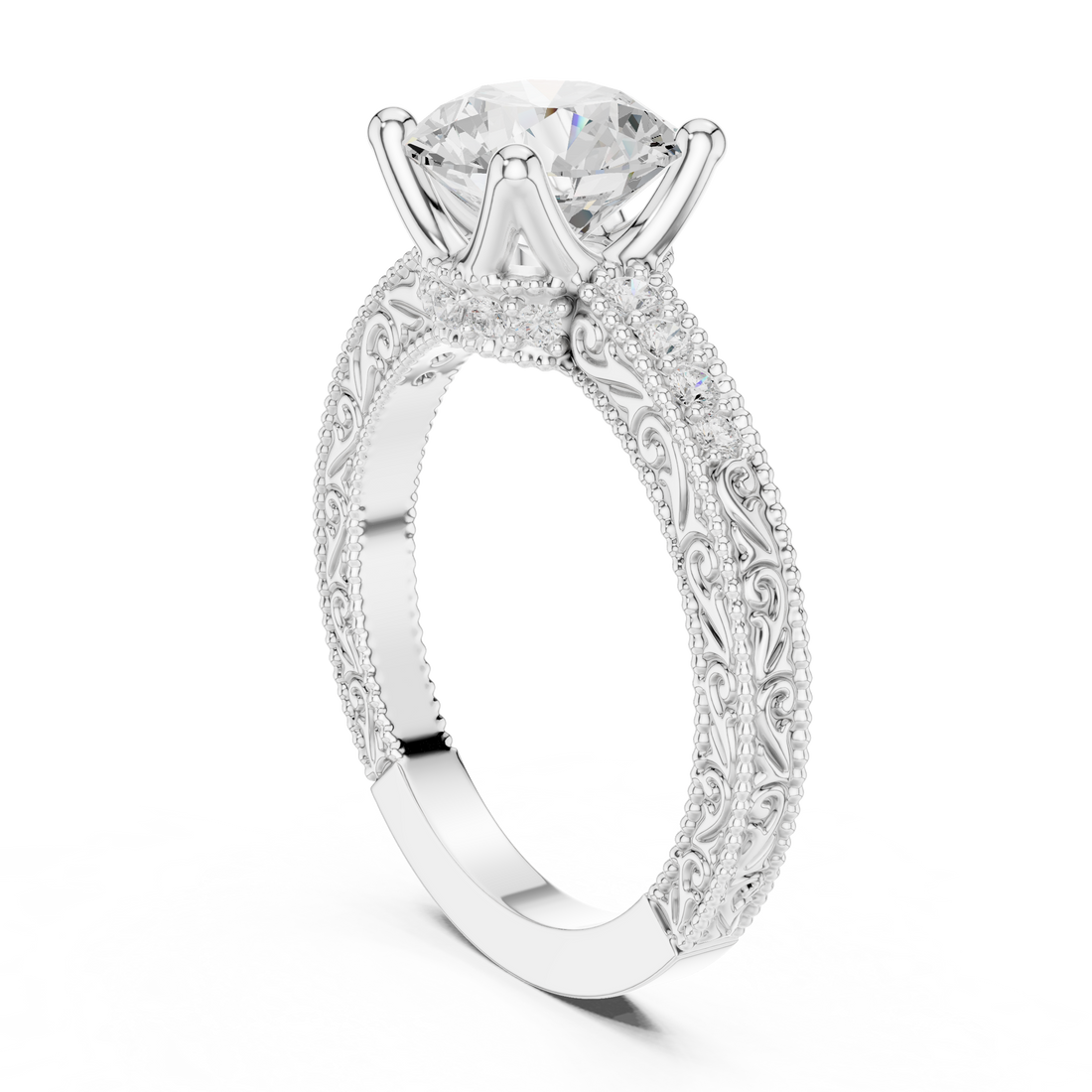 DDLR-166-RD - Vintage Round Ring - White Gold