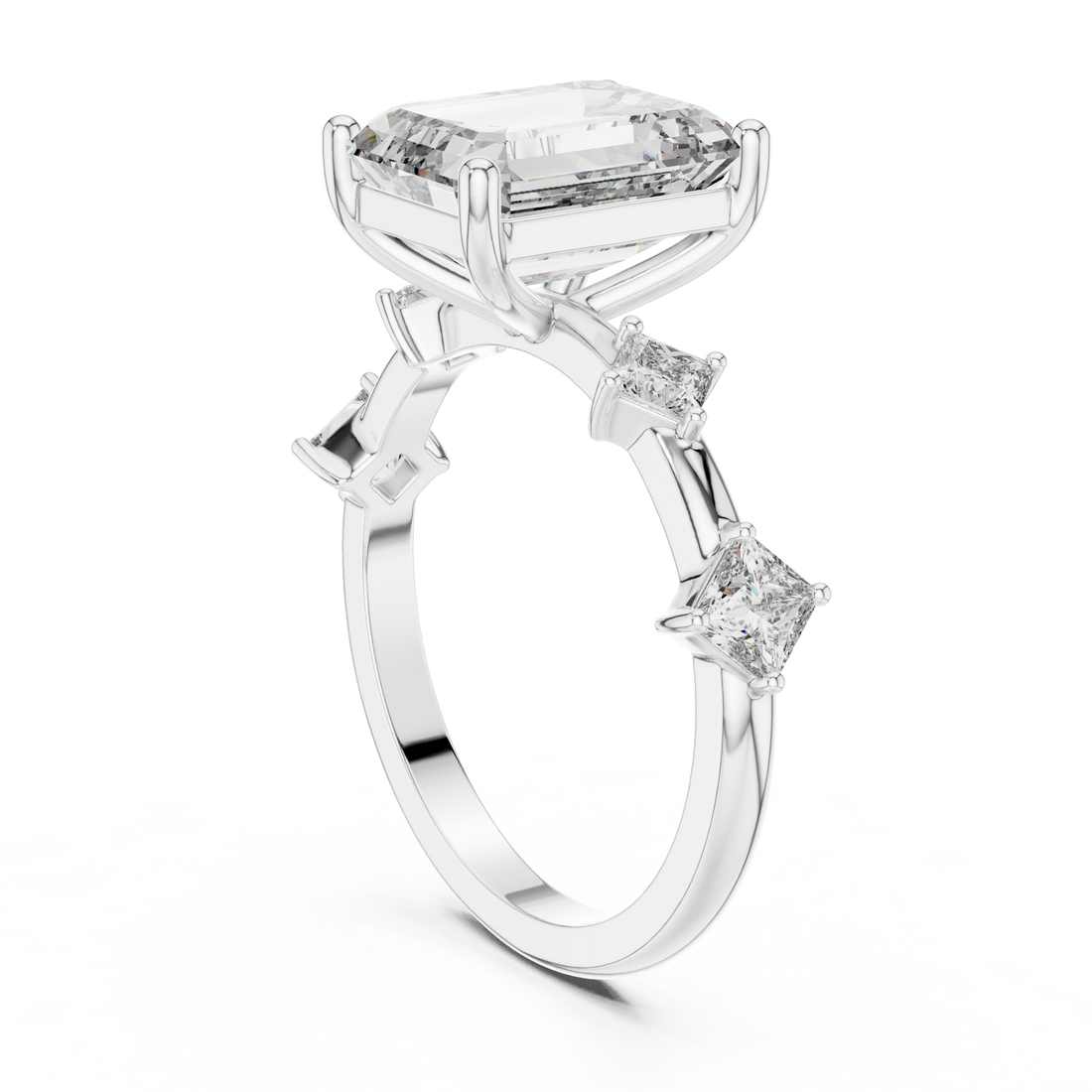 9#10021L_28 - Three Stone Emerald Ring - White Gold