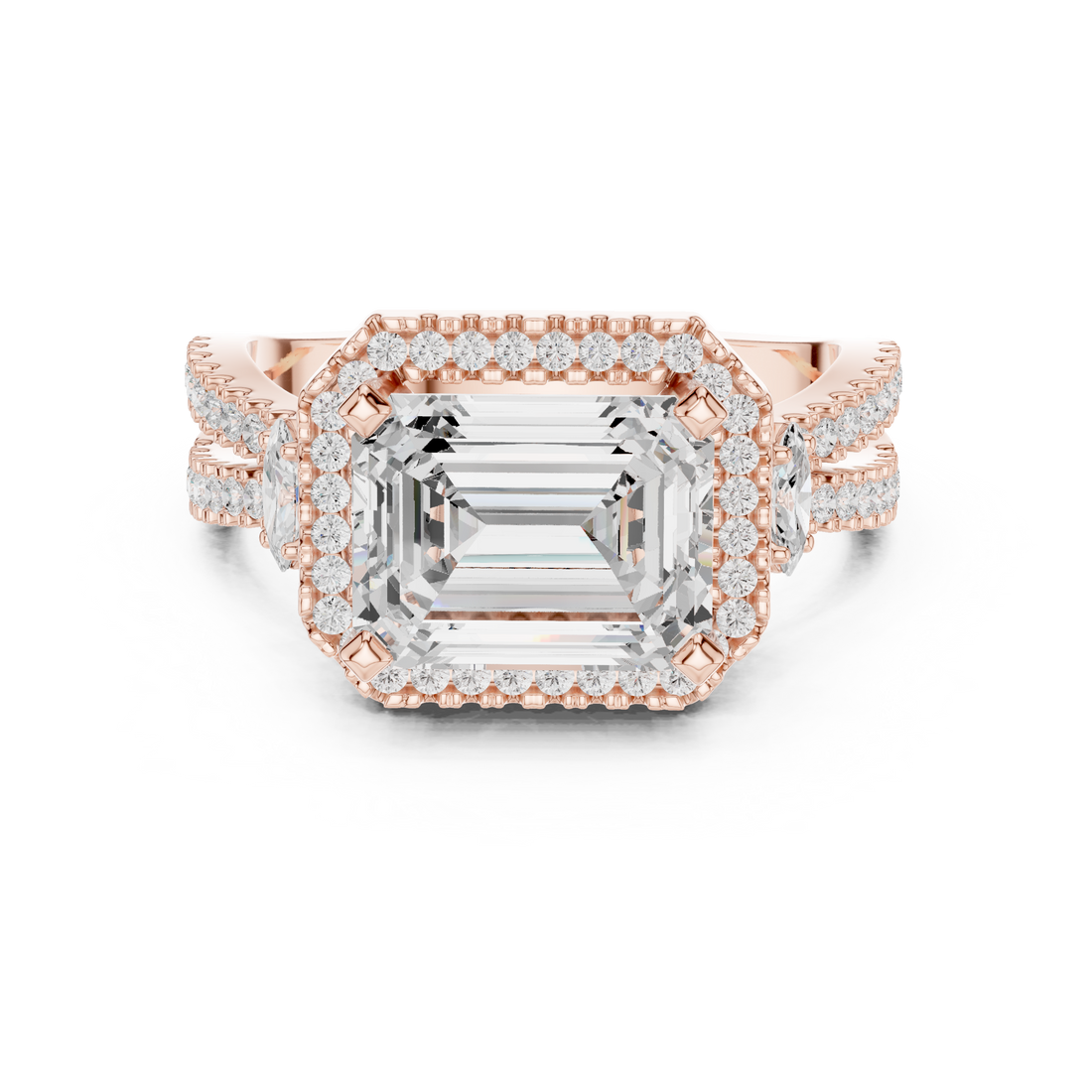 Halo Three Stone Ring - Emerald | DDLR-339 - Rose Gold