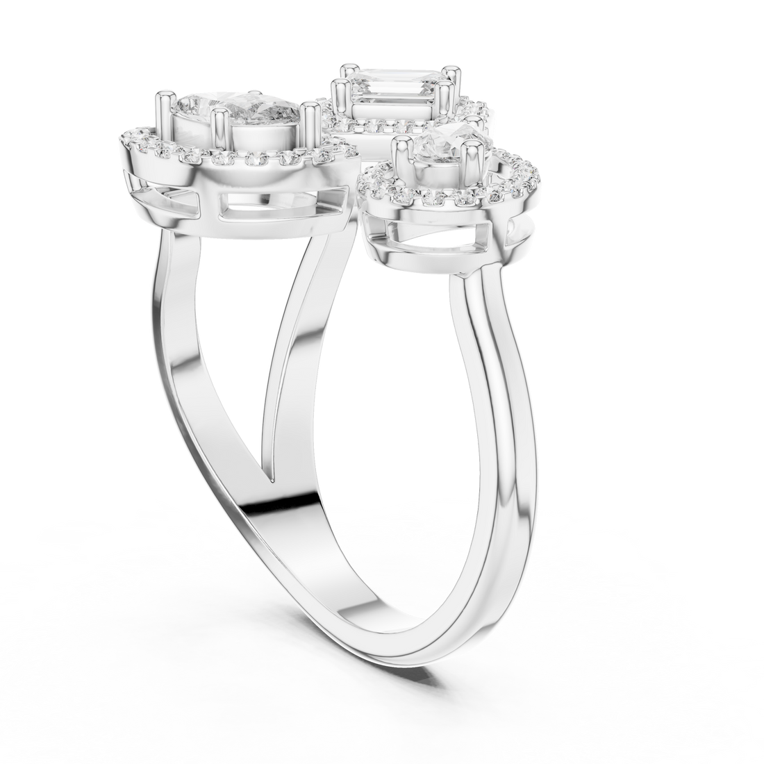 504 - Halo Three Stone Mixed Ring - White Gold