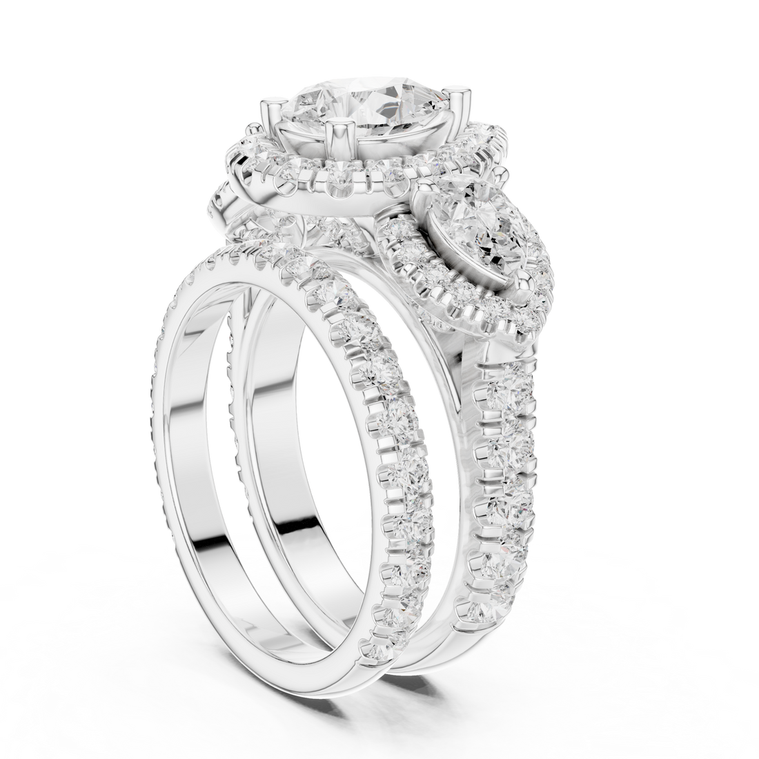 DDLR-298 - Halo Three Stone Pear Ring - White Gold