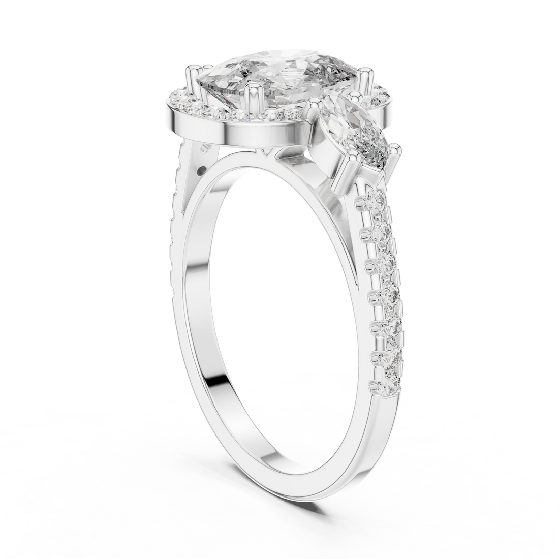 DDLR-200 - Halo Three Stone Cushion Ring - White Gold
