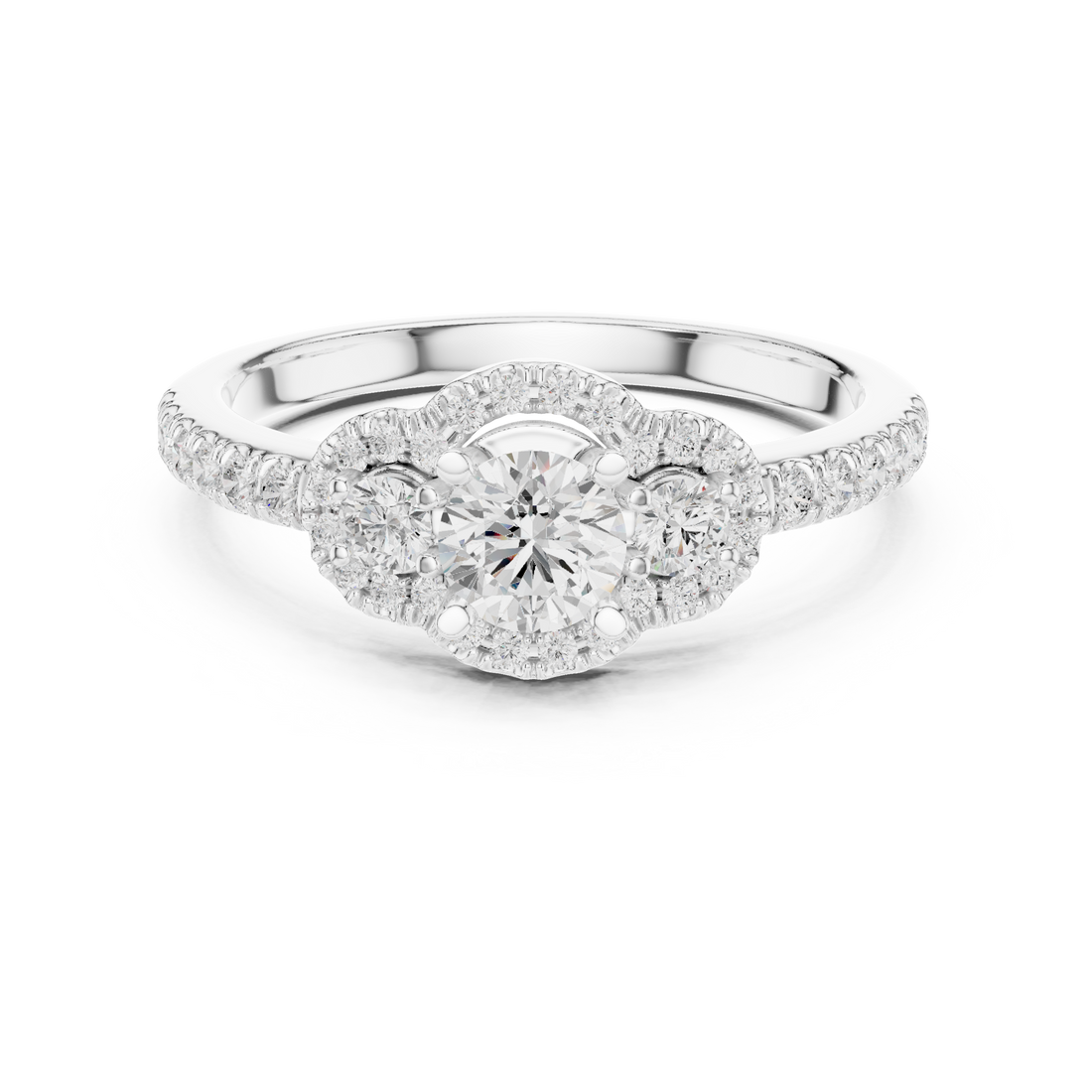 Halo Three Stone Ring - Round | LR-0289 - Rose Gold