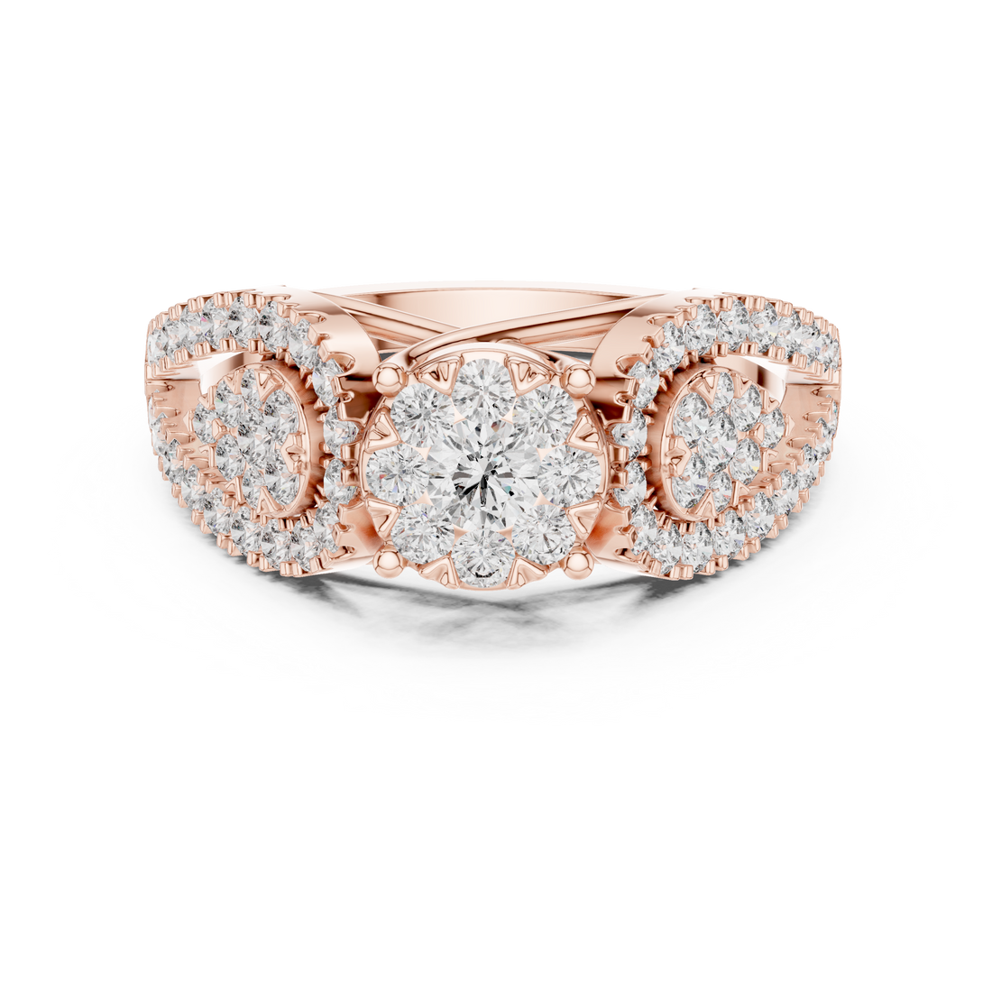 Halo Three Stone Ring - Round | 19#120032L - Rose Gold