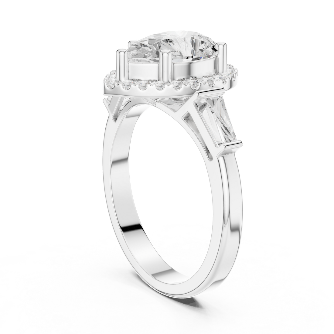 DDLR-342 PE - Halo Three Stone Pear Ring - White Gold