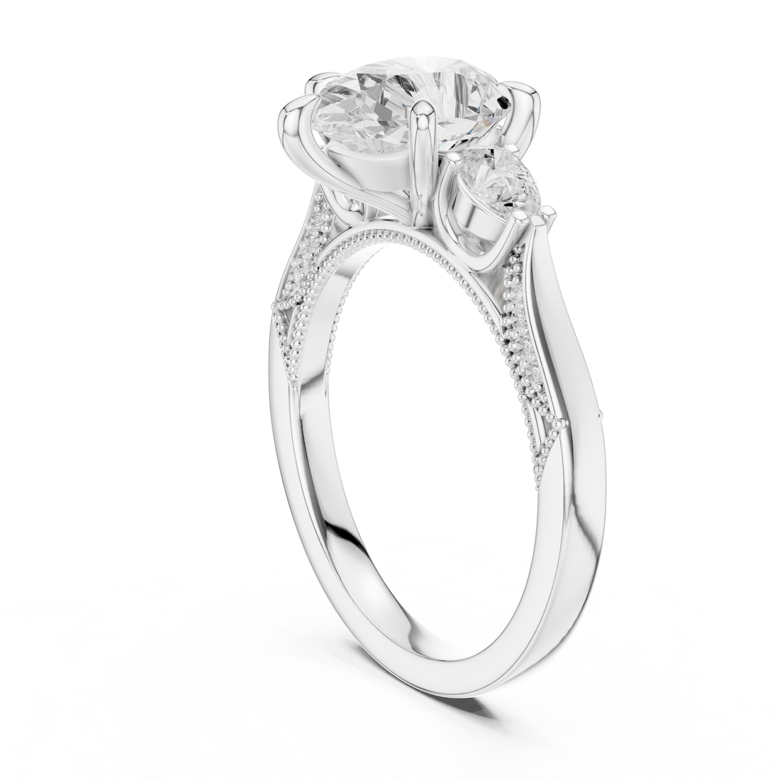 DDLR-1043 - Three Stone Pear Ring - White Gold